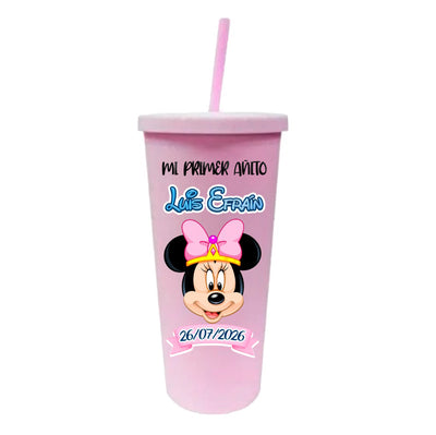 Vaso con pajilla | Rosa | Cumpleaños Minni | Mi primer añito | Luis Efraín