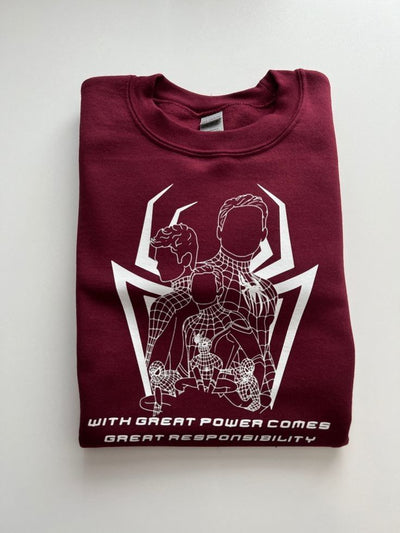 Sudadera | Cuello redondo | Corinto | hombre araña| Spider man | with great power comes great Responsibily