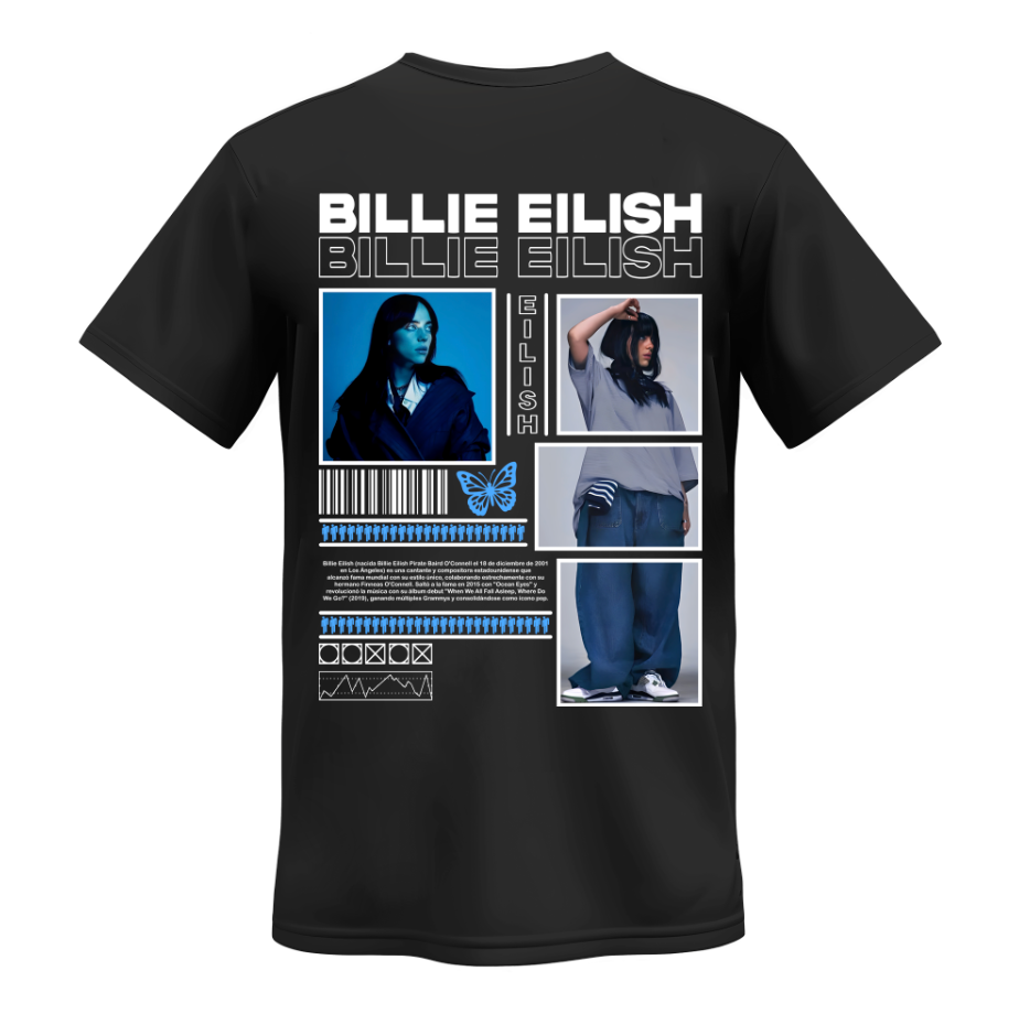 Playera | Negra | Billie Eilish | Collage bigrafía opción 2