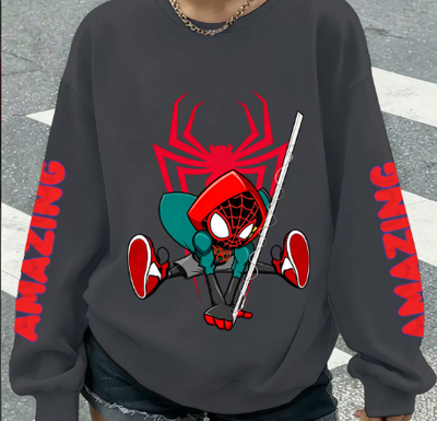 Sudadera | Cuello redondo  | Gris | hombre araña| Spider man | Versión Q Miles Spider
