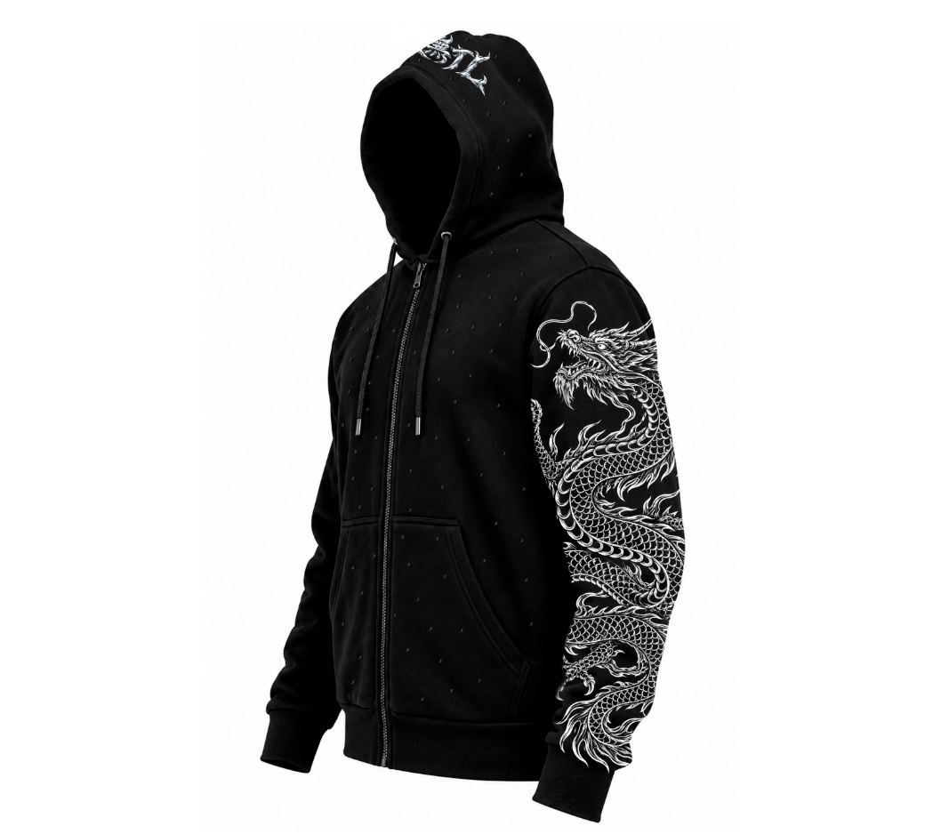 Sudadera con zipper | Perlado | Negro | Dragón Chino | Sebastiana